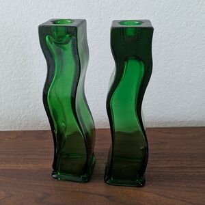 Set Of Two Dark Emerald Green Wavy Thick Glass Taper Candle Stick Holders 8"